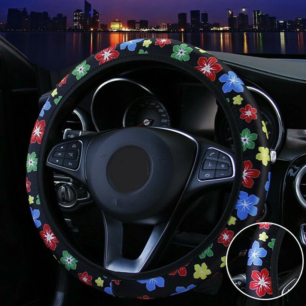 

Floral Steering Wheel Cover 38CM For Girls Milk Slik Stretchy Steering Wheel Cover Car Accesories Interior Decoration