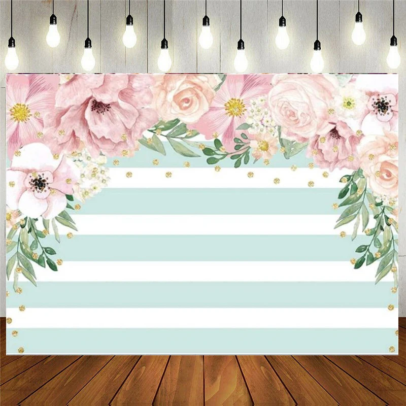 

Pink Mint Green Floral Background Stripes Flowers Birthday Party Photography Backdrop Watercolor Gold Sprinkle Shower Banner