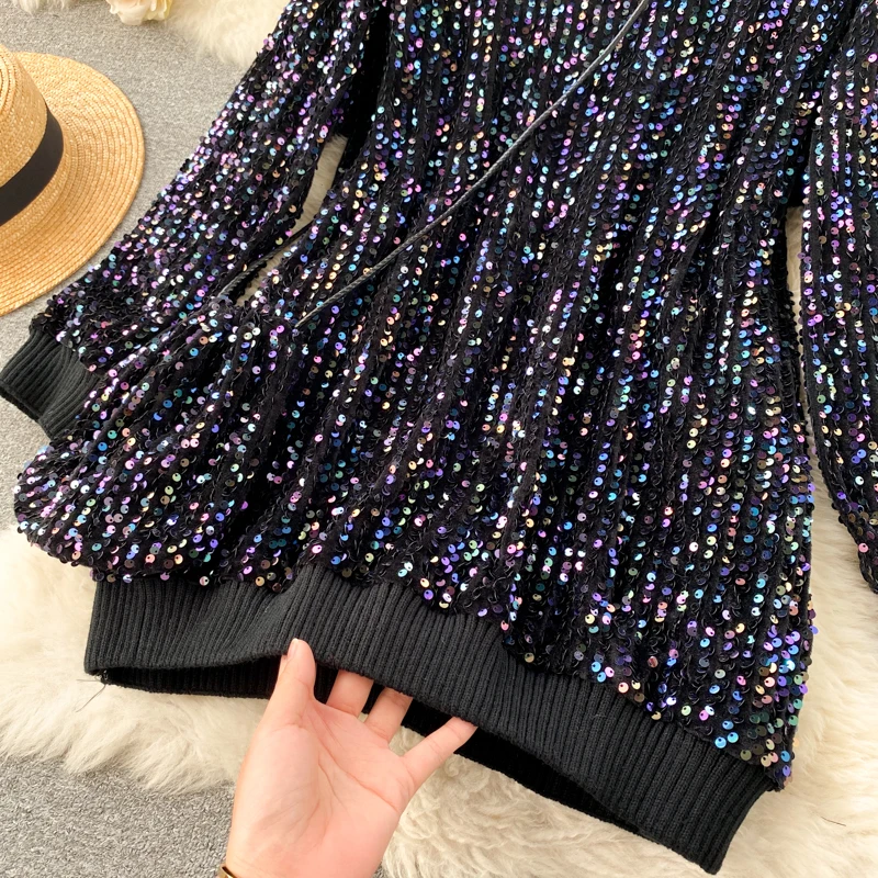 

Sexy Sequin Sweatshirt For Women Autumn Winter Casual O-Neck Long Sleeve Bling Bling Shining Tops Female Loose Shirts New 2021