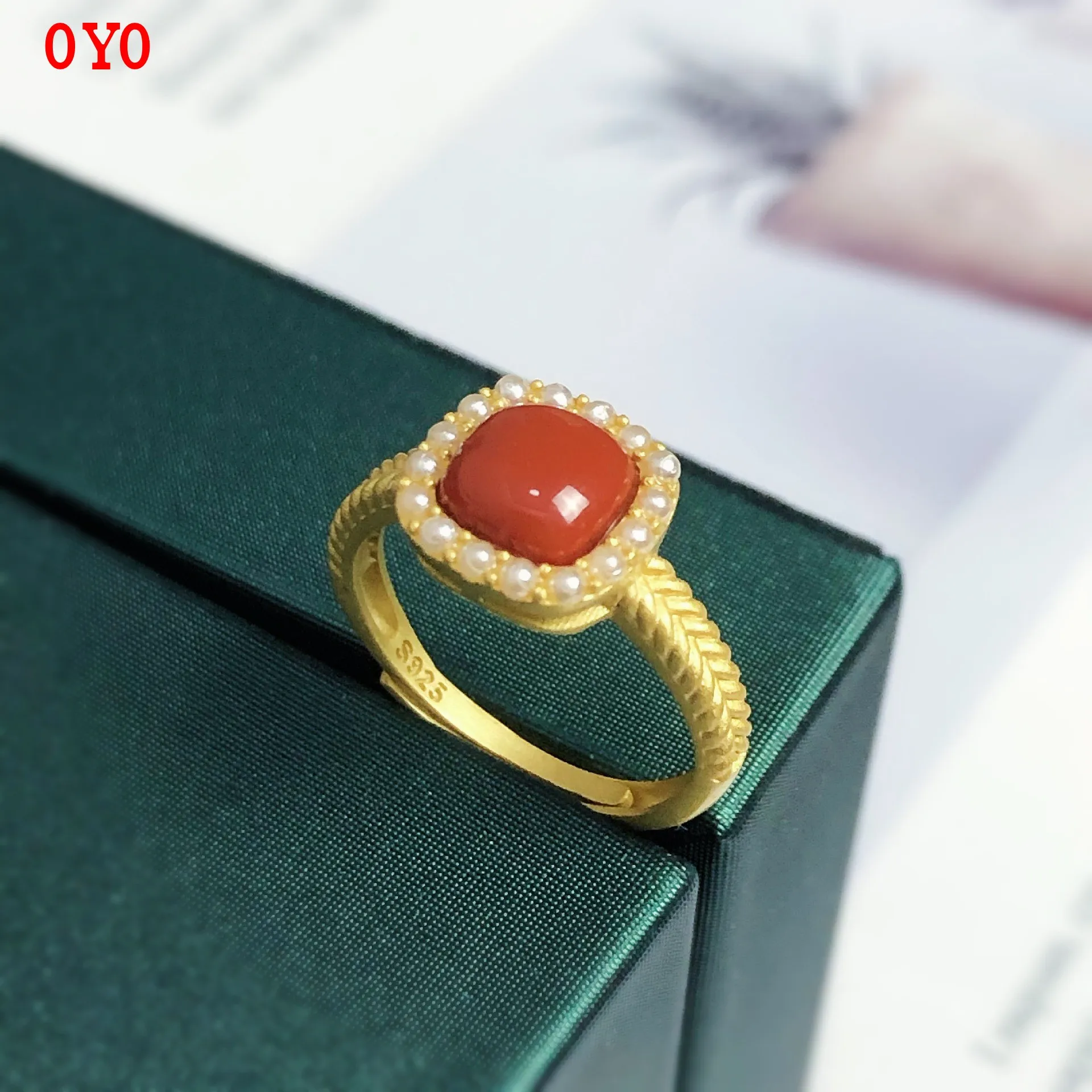 

925 sterling silver natural south red inlaid pearl cold wind light luxury fashion simple ring