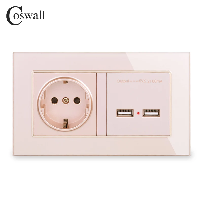 COSWALL настенная розетка, стандарт ЕС, розетка с двойным USB, умный индукционный порт зарядки для мобильных 2.1A, кристальная стеклянная панель