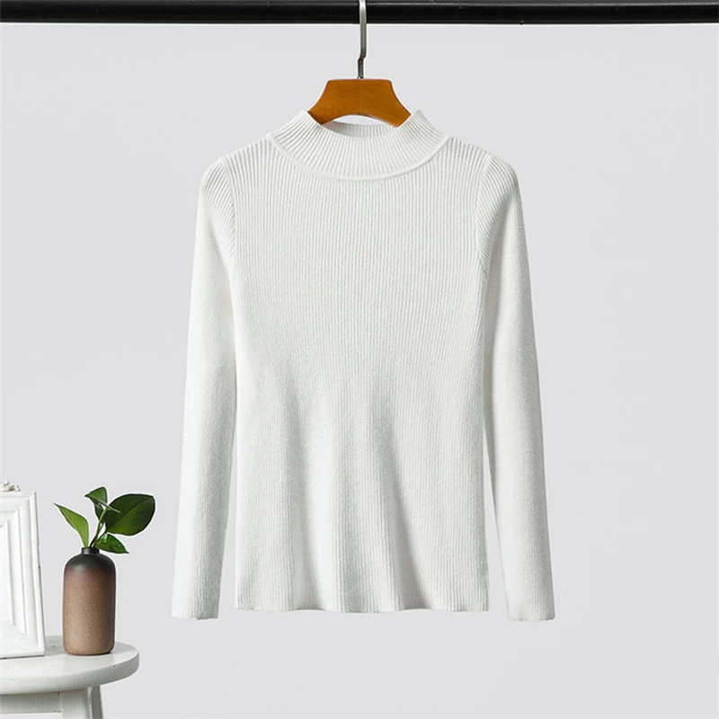 Женский трикотажный свитер-водолазка однотонный облегающий пуловер в полоску с