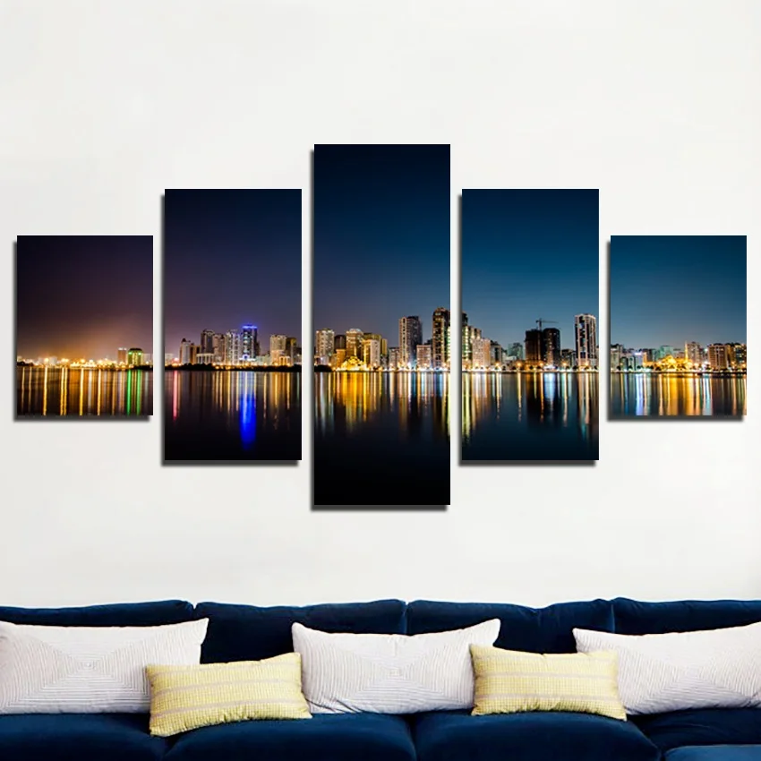 

Modern City Landscape Night Pictures HD Printed 5 Panel Posters Home Decor Canvas Painting Wall Picture For Living Room