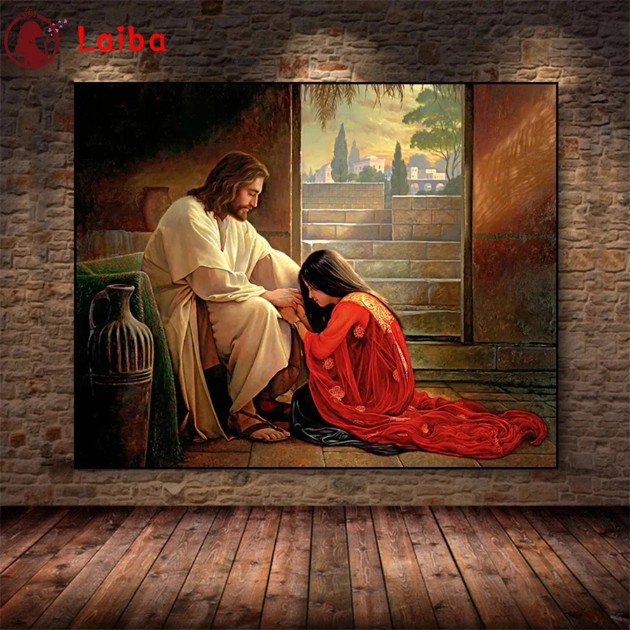 

Diamond Embroidery Religious Savior Jesus Samaritan Woman Full Square round Diamond Mosaic Art Painting Cross Stitch Wall Decor