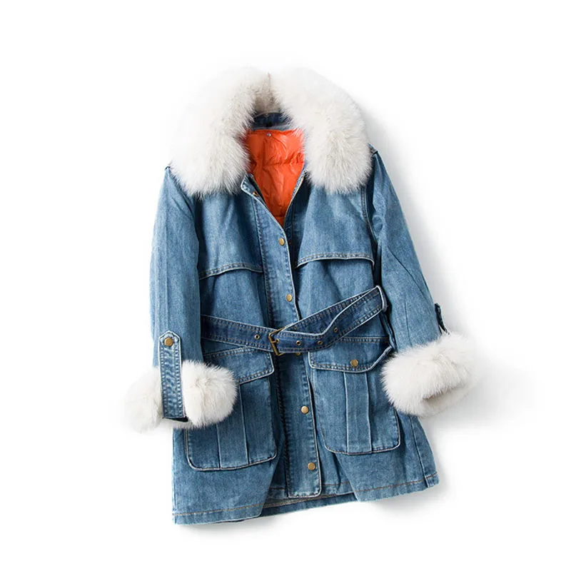Real Natural Fox Fur Collar New Down Parka Women Winter Jacket Detachable White Duck Down Liner Denim Jacket Warm Coat