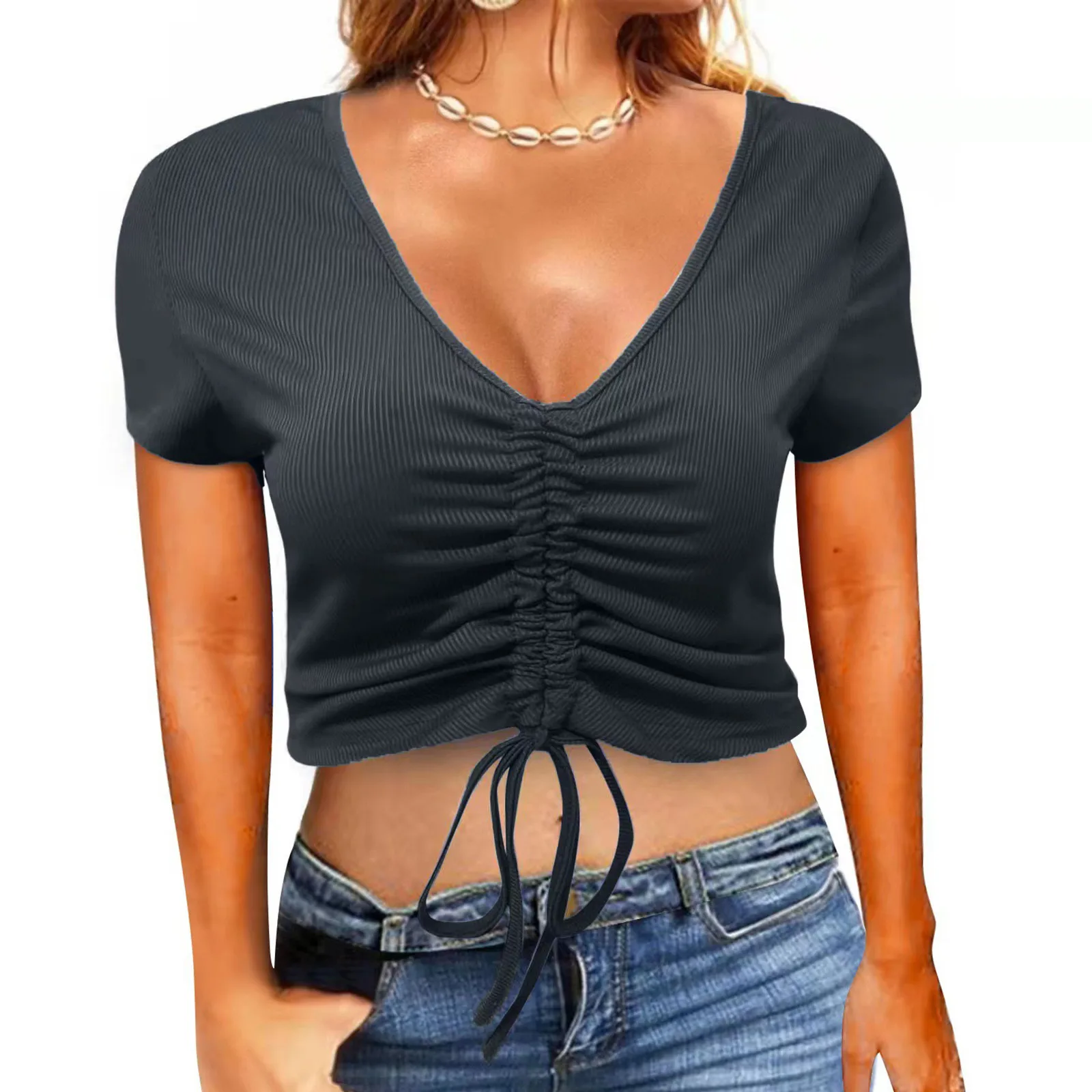 Кроп-топ женский с V-образным вырезом на завязках спереди | Женская одежда