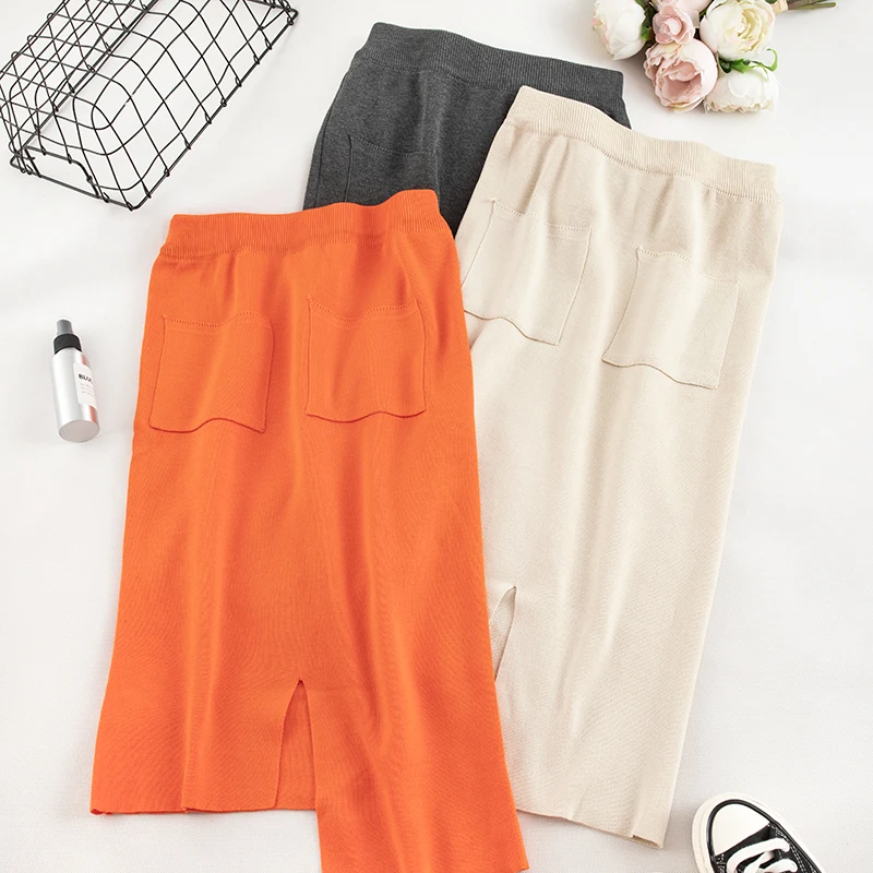 SINGRAIN женские зимние вязаные юбки теплые длинные юбки-карандаш средней длины с