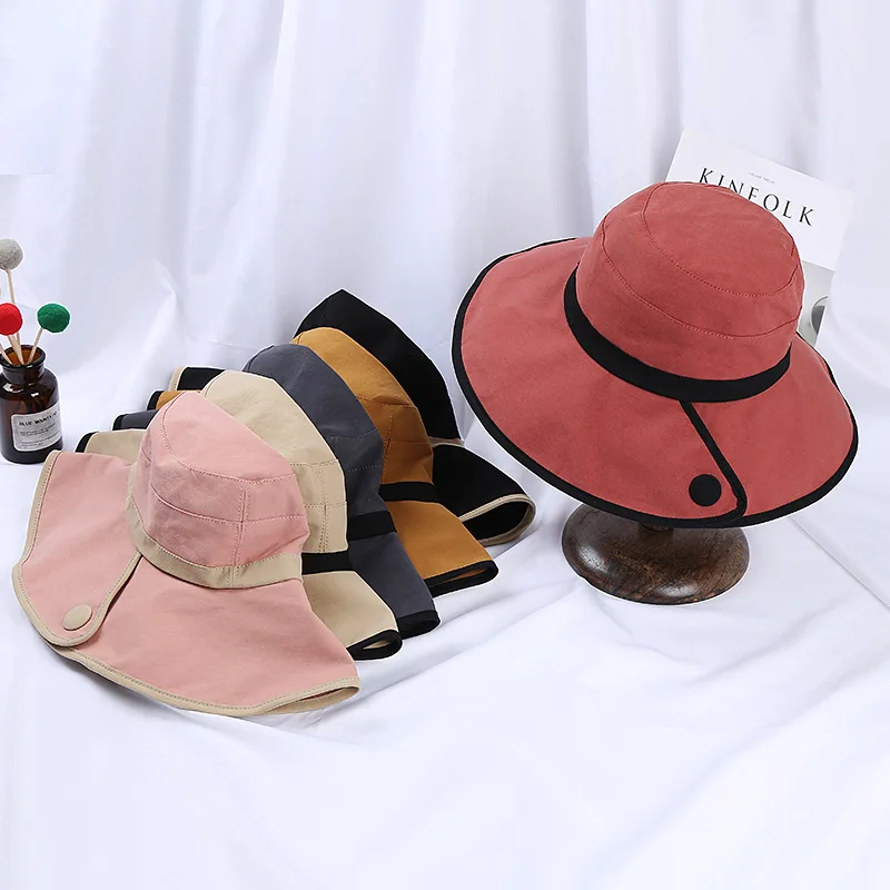 

2021 Summer New Sunshade Hat Female Japanese Big Edge Sunscreen Outdoor Travel Button Foldable Fisherman's Hat Basin Hat