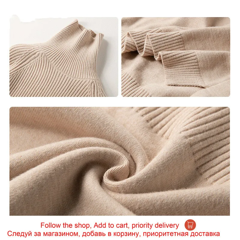 

Korean Top Knit Plus Size Harajuku Pullovers Sweater Women Turtleneck Solid Stretch Striped Fall 2020 Winter Clothes Beige Khaki