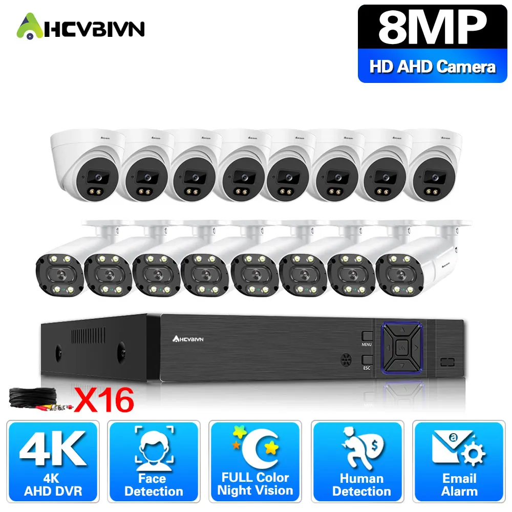 

AHCVBIVN 16CH 4K CCTV Camera Security System DVR Kit 8MP Waterproof Color Night Vision Video Surveillance AHD System Kit