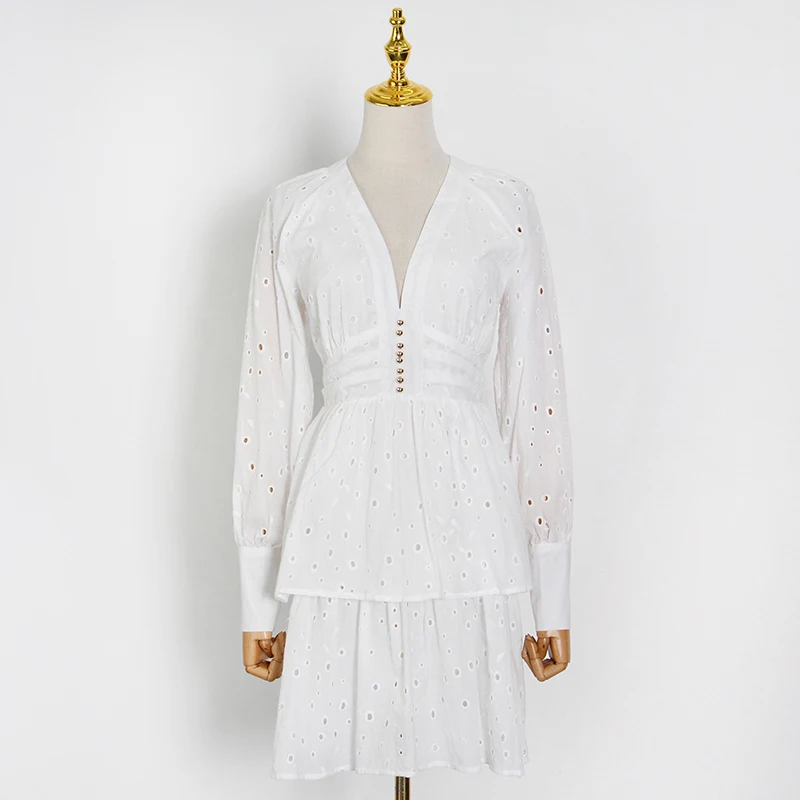 

TWOTWINSTYLE White Elegant Midi Dresses For Women V Neck Long Sleeve High Waist Patchwork Beading Dresses Female 2021 Spring New