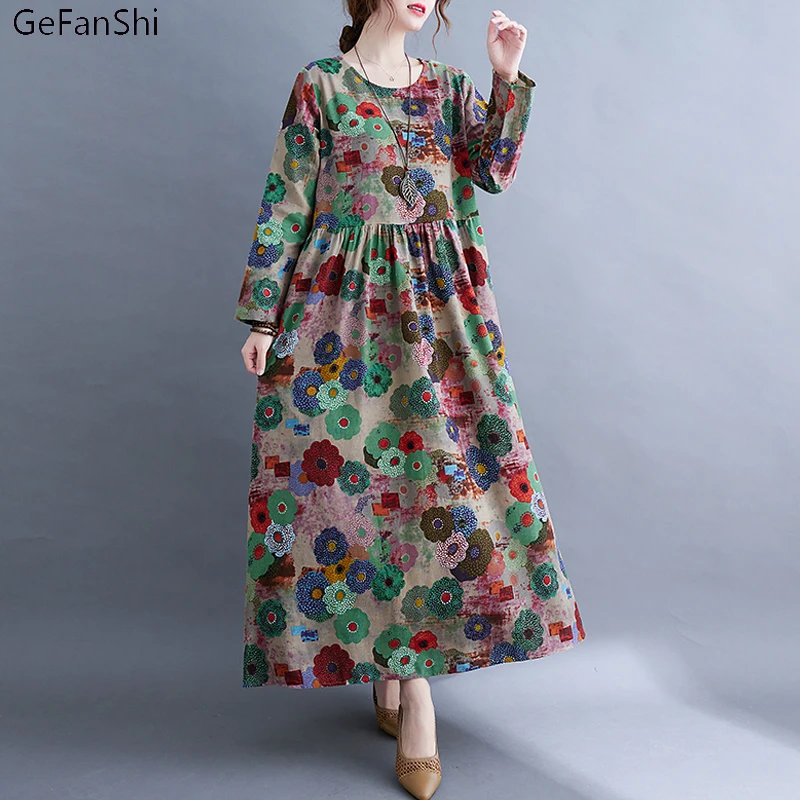 

Spring Autumn Women Dresses Casual Loose Vintage Print Long Sleeve Cotton Linen Dress Fashion Elegant Long Maxi Dresses Robe