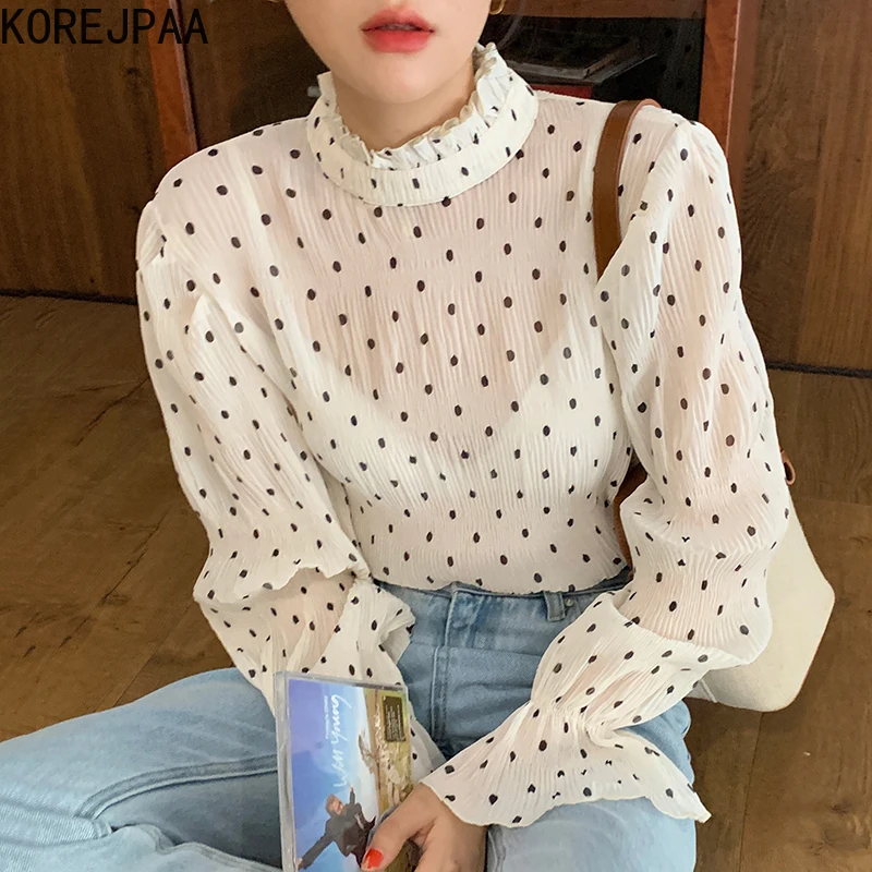 Женская шифоновая рубашка в горошек с воротником-стойкой и Расклешенным рукавом