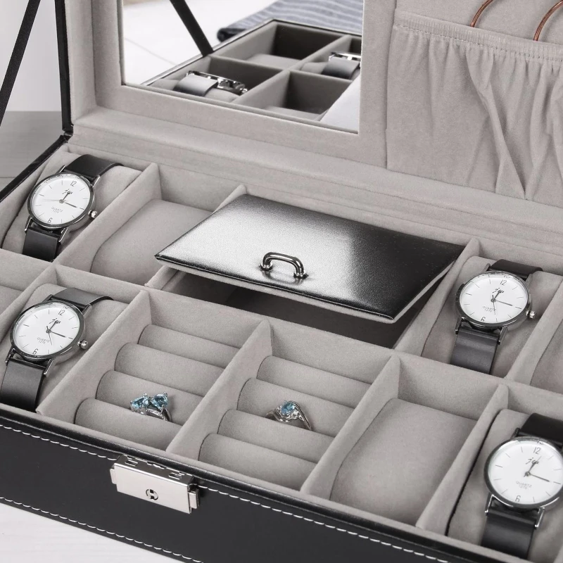 

G2AF Protable PU Leather Watches Organizer Display Collection Case Jewelry Earrings Rings Necklace Storage Box