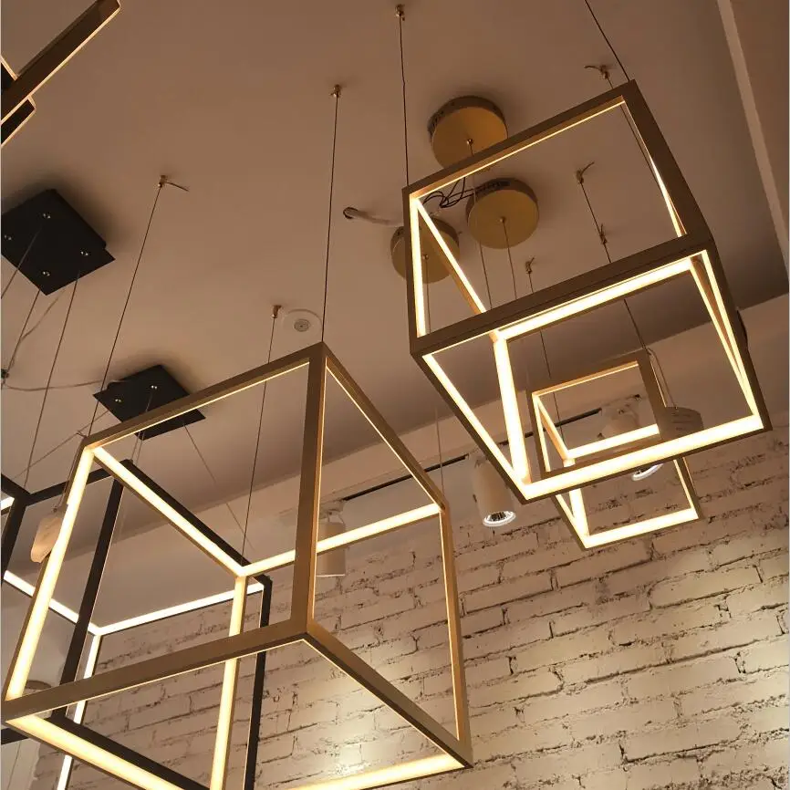 

D20/30/40/50cm Modern Gold Cubic Pendant Light LED Stainless Steel Gold Acrylic Square Retro Luminaires Hang Light Fixtures