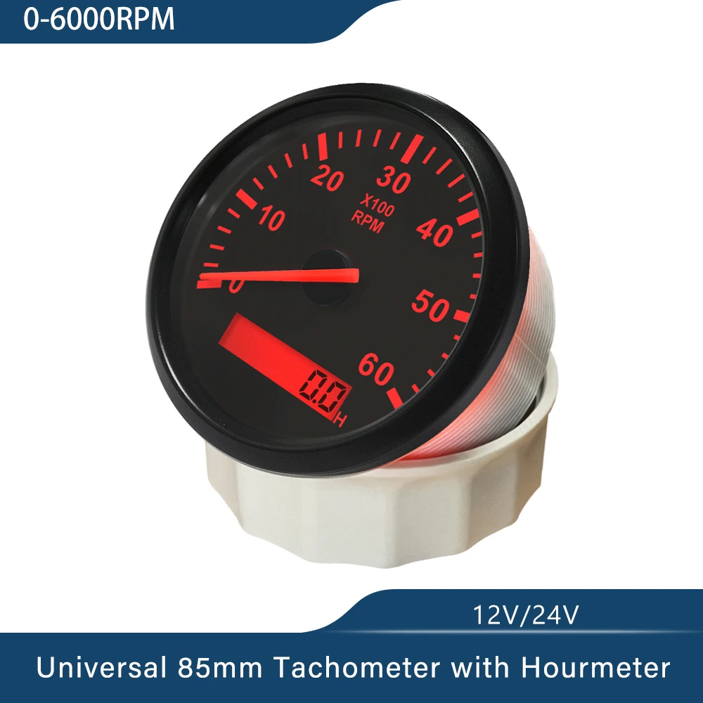 

New 3-8K RPM Tacho Tachometer Gauge REV Counter With Hour Meter 85mm Gasoline Diesel 12V 24V Red Backlight