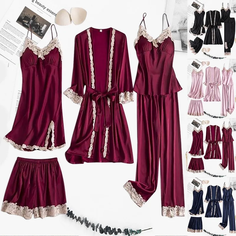 

Women'S Pajamas Set Robes Women'S Nightwear Sexy Nightgowns Satin Rayon Bathrobe Casual Sleepwear For Women Homewear 5-piece set