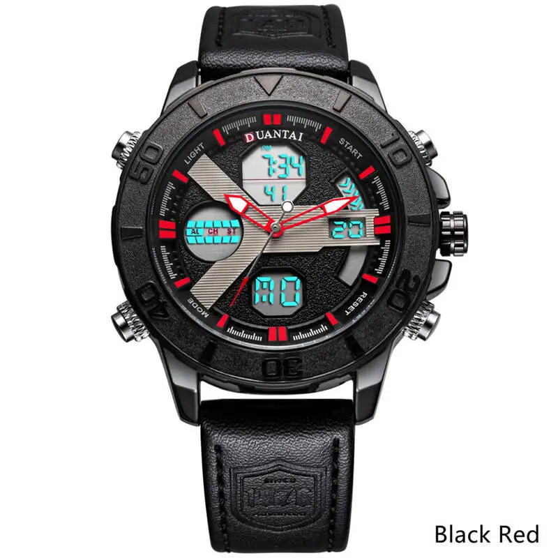 Black Red Мужские спортивные часы DUANTAI, роскошные часы с двумя часовыми поясами, мужские кожаные часы с Т-образной пряжкой, водонепроницаемые 3AM - Цвет: Black Red