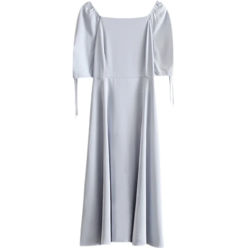 

Korean Version of The Summer New Skirt Women's Elegant Temperament Square Collar princess sleeves tie drawstring blue Dress