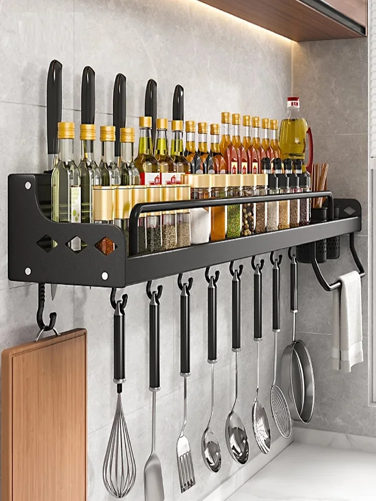 

Wall-mounted Kitchen Storage Shelf Space Aluminum Multifunctional Spice Racks with Movable Hook Punch-free Holder Home Organizer