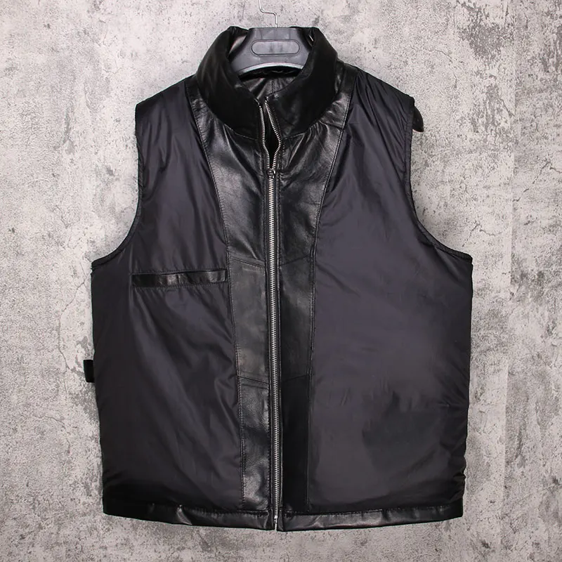 

100% Brand Men Genuine Leather Down Vest Winter Warm Sheepskin Sleeveless Jacket Male Casual Zip Loose Short Waistcoat Plus Size