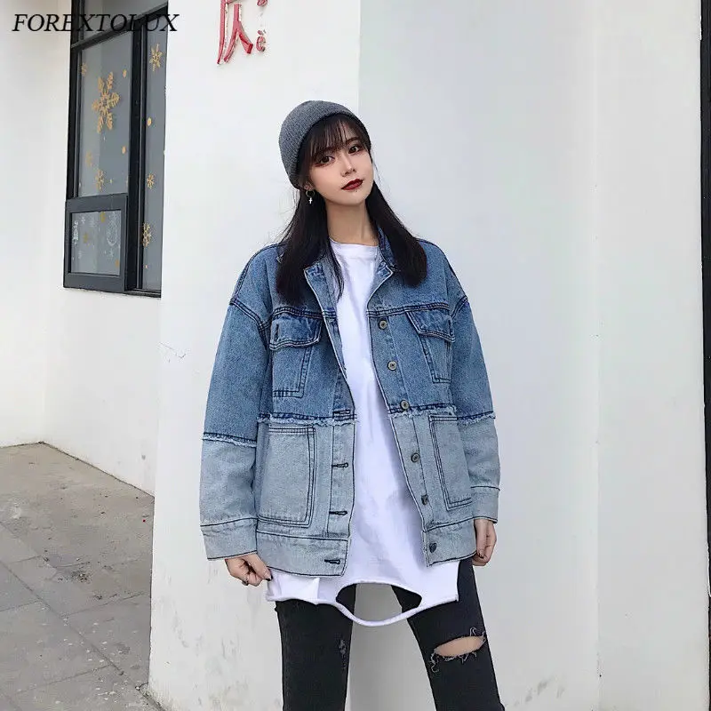 

Fall Patchwork Women Denim Jackets Pockets Contrast Teens Coats Rough Selvedge Jeans Blue Buttons Harajuku Spring Clothing