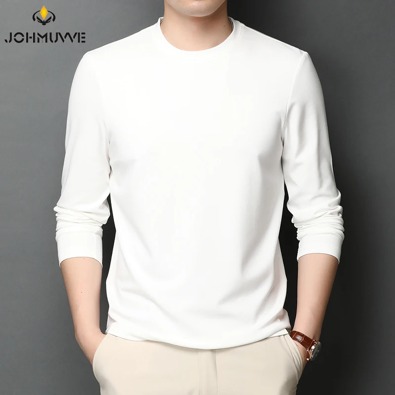 

JOHMUVVE New Men Long-sleeved Round Neck T-shirt Classic Trend Casual Business Work Pure Color Ins Style All-match Men T-shirt