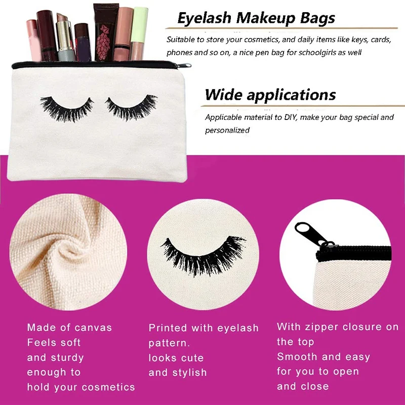 

10 Pieces Eyelash Canvas Makeup Bags- Cosmetic Bags Travel Pouches Toiletry Bag Cases with Zipper for Women and Girls