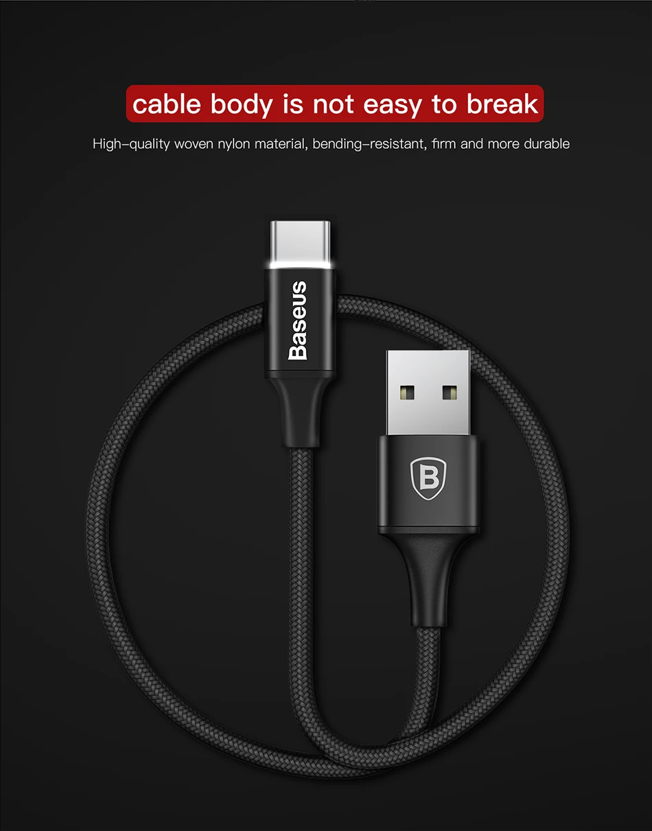Baseus usb type-C кабель USB C для samsung S9 S10 светодиодный кабель освещения type C для huawei P30 Lite Pro USB-C кабели для мобильных телефонов