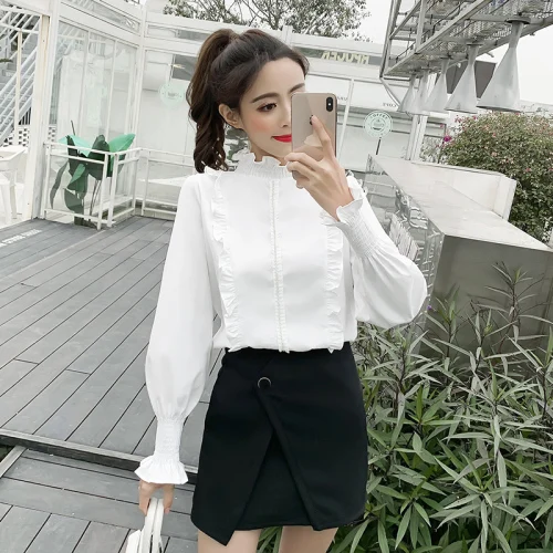 

Woman's Brief 2019 New Autumn Fashion Women Tops Casual Petal Sleeve Korean Camisas Mujer Stand Button Blusas