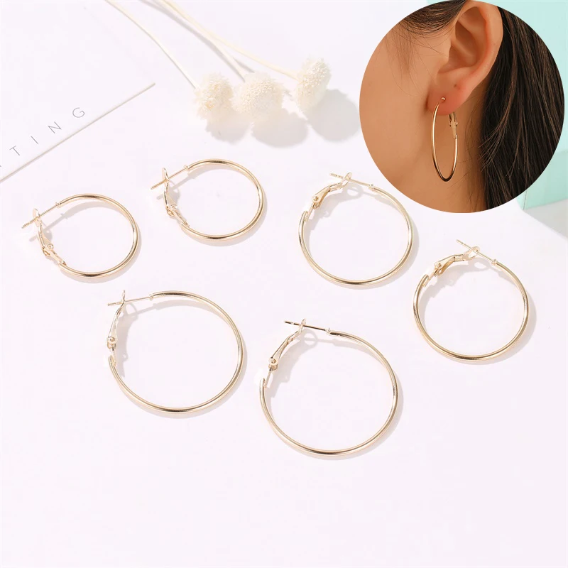 

ZEMO 6 Pairs 2.5-5CM Big Hoop Earrings for Female Big Smooth Round Earring for Women Gold Silver Color Circle Earrings Jewelry