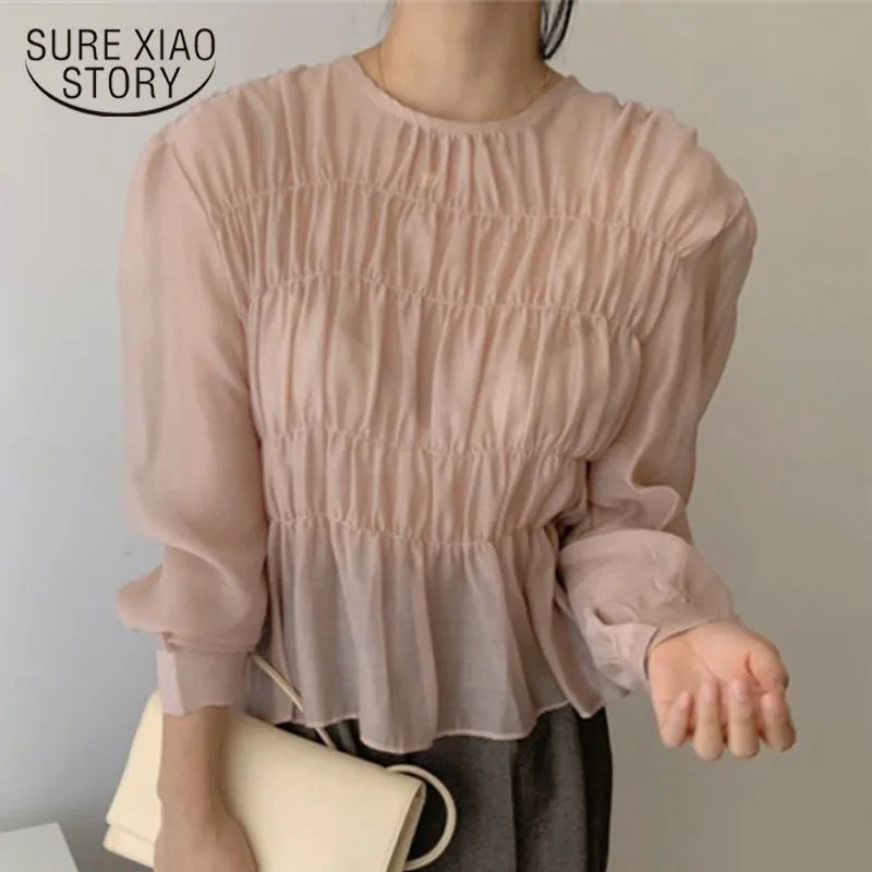 

Puff Long Sleeve Blouse 2022 Spring Blusa O-Neck Korean Ins Solid Pleated Design Perspective Summer Tops Fashion Clothing 11357