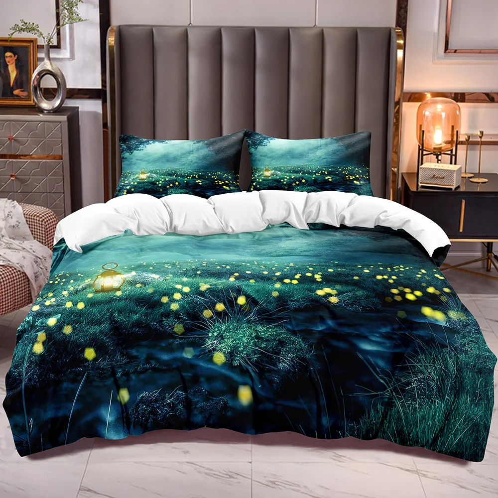 

Mist Trees Forests Pattern Comforter Cover BotaniBedding Duvet Cover with Grass River and Firefly Print Quilt Cover for Kids