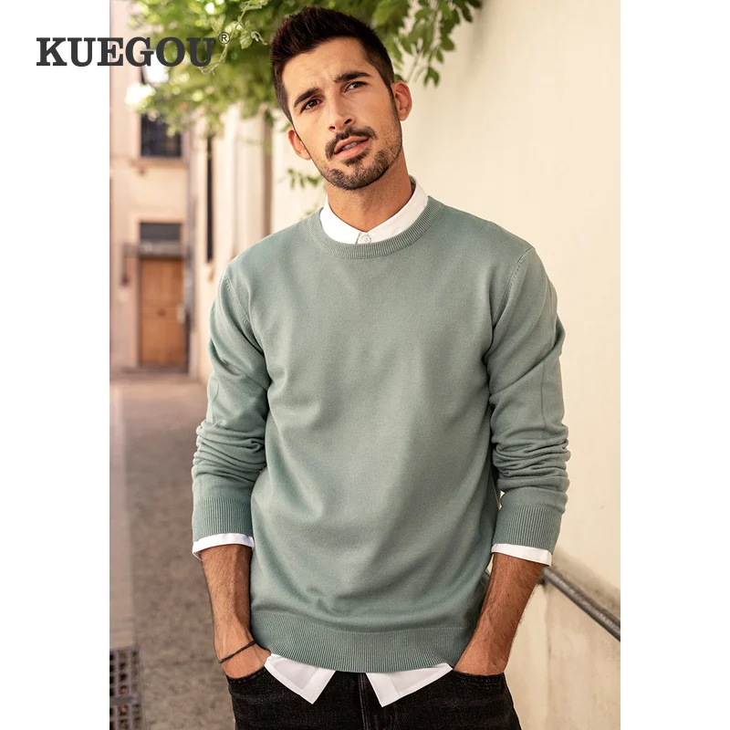 

KUEGOU 2022 Spring Plain Solid Black Sweater Men O-Neck Pullover Casual Jumper For Male Wear Brand Slim Fit Knitted Clothes 2209