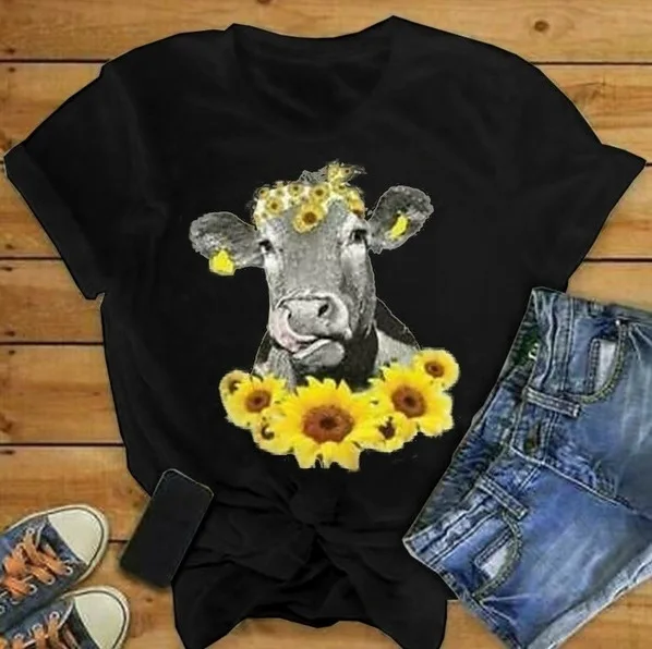 

2021 Summer New Style Cow Head Sunflower Fashion Loose Print Short-Sleeved Round Neck Women's Casual T-shirt Top Clothing
