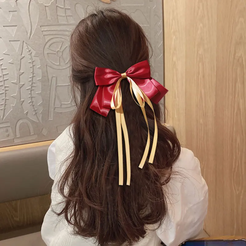 Атласная заколка для волос с большим бантом трехслойная Шпилька бант Длинная