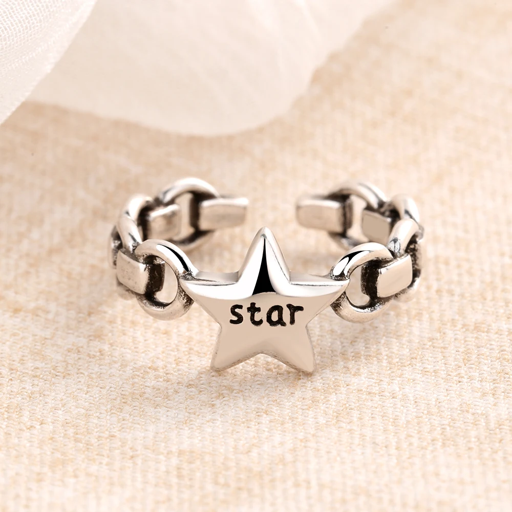 Hot Sale Vintage Pentagram Thai Silver Star Ring 925 Sterling Lock Chain Letter Open Adjustable Fine Jewelry | Украшения и