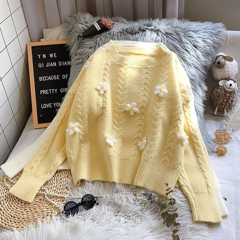 

Korejepo Women Sweater 2021 Autumn Winter New Korean Sweet Pullover Sweater Loose Outer Wear Retro Japanese Base Knitted Tops