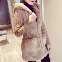 2021 autumn and winter clothing new classic fashion knitted stitching plush faux fur thickened hooded jacket women
