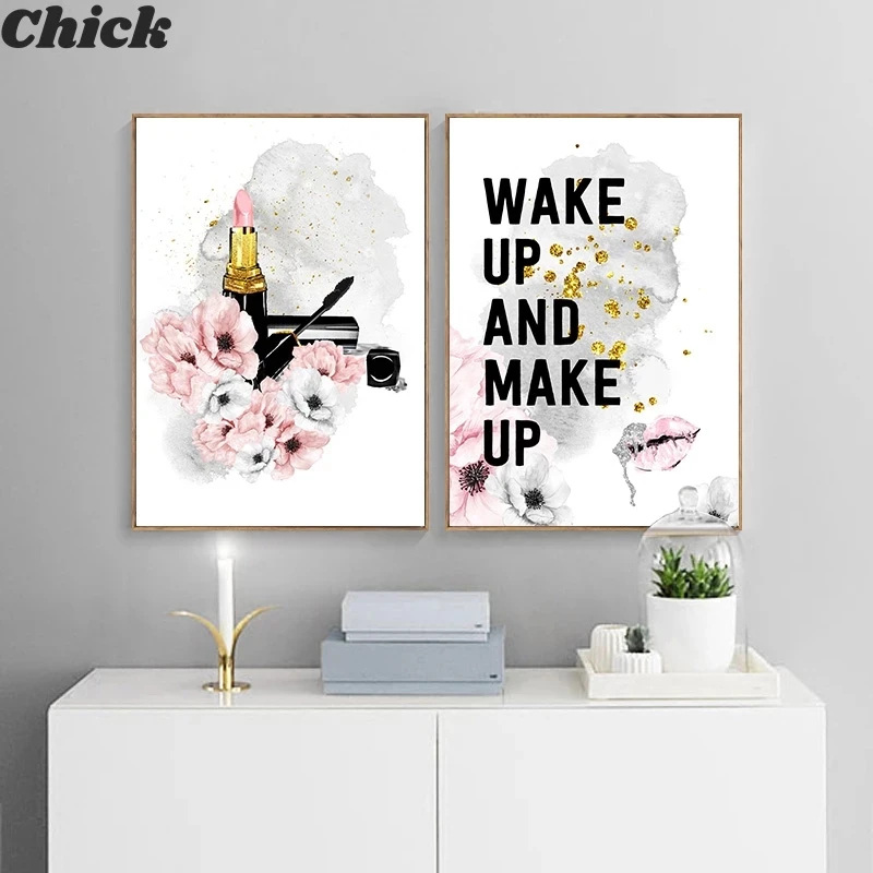 

Lipstick Perfume High Heels Fashion Poster Makeup Floral Print Canvas Art Painting Wall Picture Modern Girl Room Home Decoration