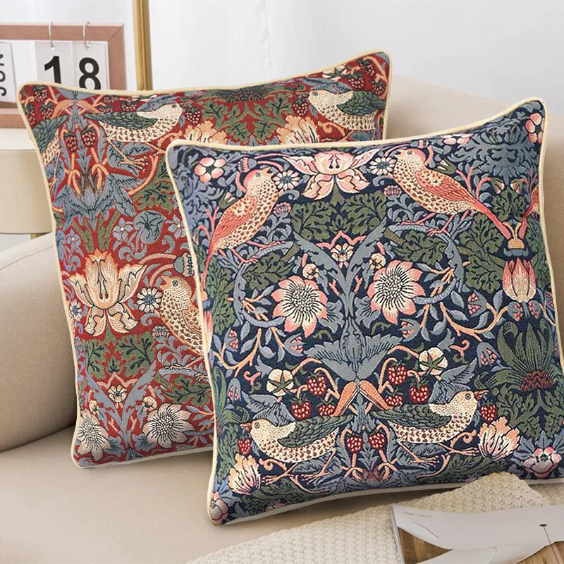 Bird Flower Pattern Tapestry Pillow Cushion Cover Vintage Jacquard Weave Gobelin Cotton Square Pillowcase Home Decor France
