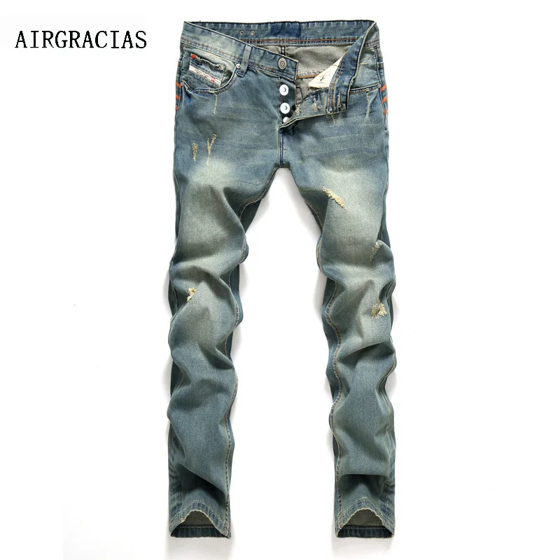 Мужские классические джинсы синие хлопковые рваные с дырками брендовые