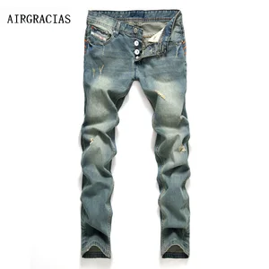 Мужские классические джинсы, синие хлопковые рваные джинсы с дырками, брендовые дизайнерские байкерские длинные брюки