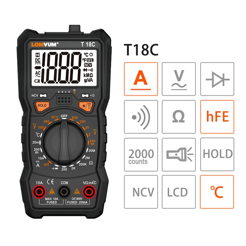 T18C LOMVUM мультиметр True RMS 6000 отсчетов Высокоточный цифровой мультиметр NCV умный мультиметр Авто Диапазон AC/фонарик постоянного тока - Цвет: T18C