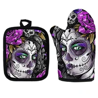 skull day of the dead gothic style kitchen cooking microwave oven gloves mitts pot pad heat proof protected baking accessories