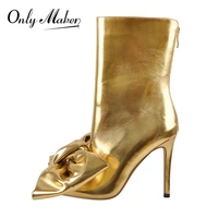 onlymaker womens pointed toe gold bow high heel ankle boots fashion plus size us5us15 zip ankle booties