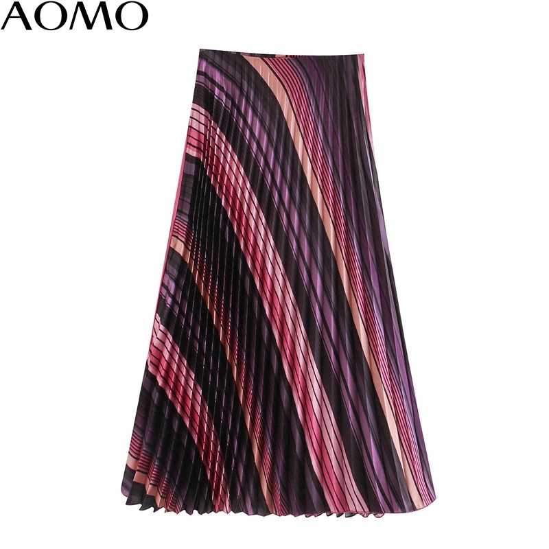 

AOMO fashion women striped pleated midi skirt faldas mujer vintage side zipper office ladies elegant chic mid calf skirts XN452A
