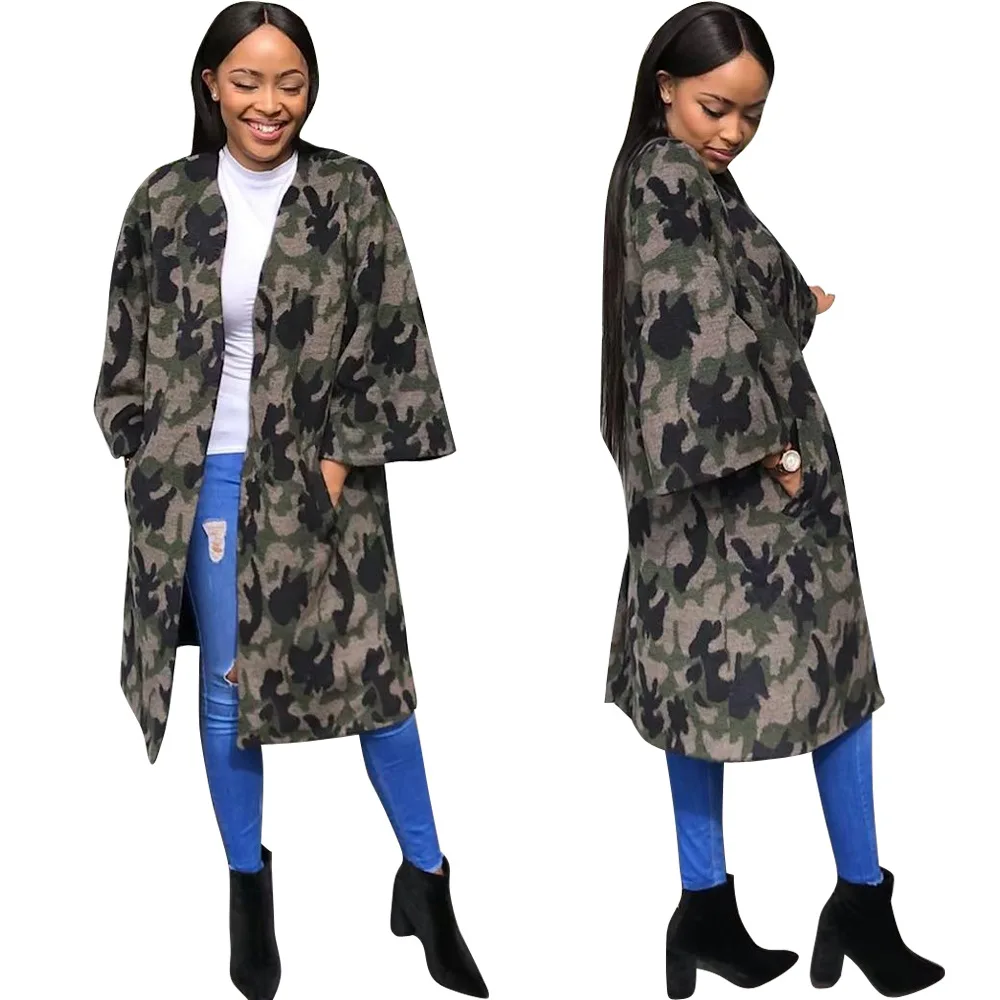 

Fashion Camouflage Color Printing Women Open Stitch Coat V-Neck Three Quarter Pockets Knee-Length Jackets Autumn For Streetwear