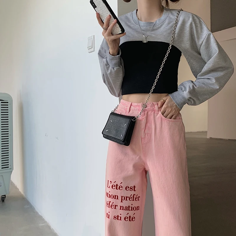 

Pocket Washed Coated High Waist Jeans Women Pink Denim Women'S Trousers Letter Embroidery Straight Pants Cotton Women'S Jeans