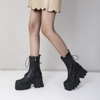 2021 winter new size college style thick heel square head cross strap knight womens boots 019 1